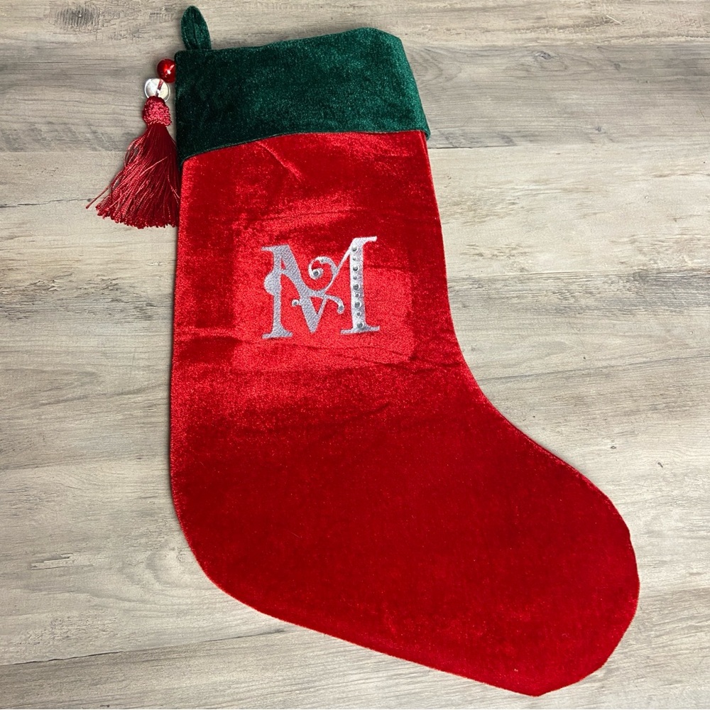 Christmas Stocking Red & Green Velvet With Tassel, Rhinestone Monogram (M)